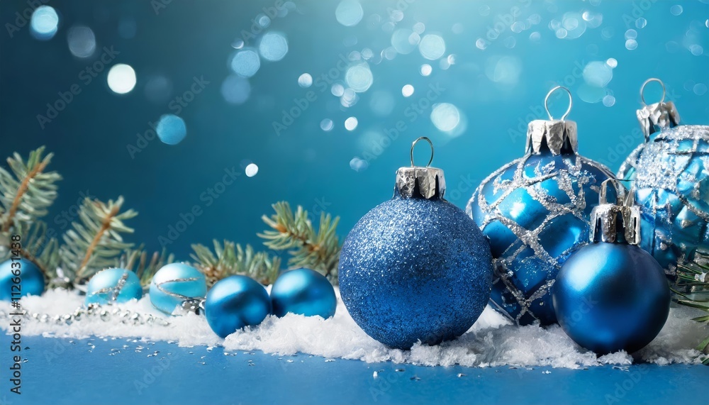 Elegant Blue Christmas Ornaments on a Serene Blue Background - A Festive Merry Christmas Greeting Card and Banner Design for Your Holiday Celebrations Elegant Blue Christmas Ornaments on a Serene Blue Background - A Festive Merry Christmas Greeting Card and Banner Design for Your Holiday Celebrations