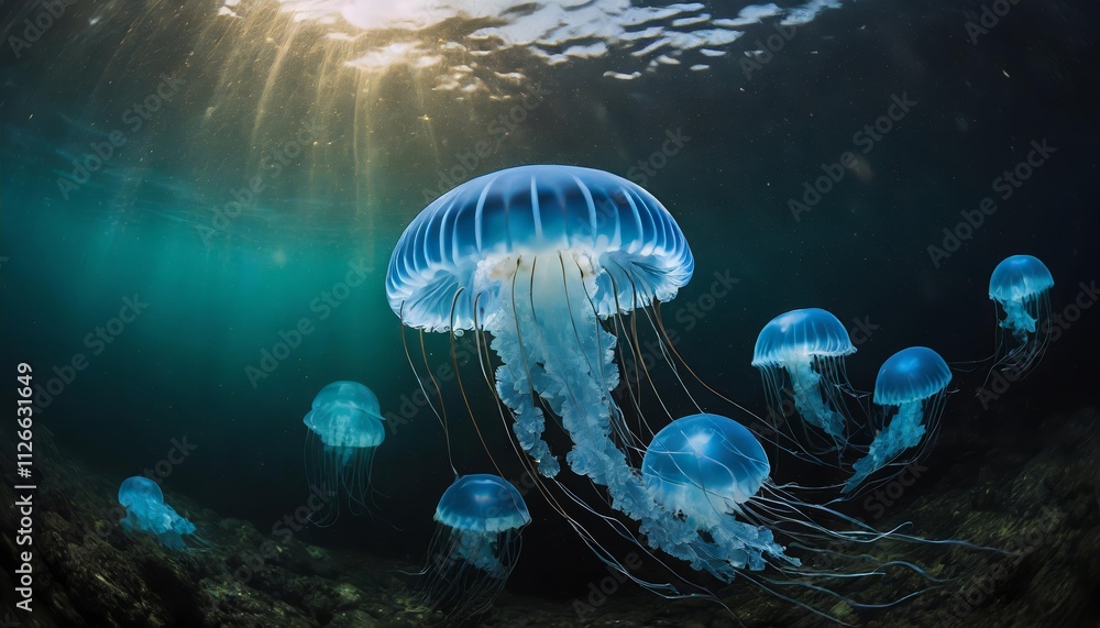 A Stunning Blue Jellyfish Gliding Through the Ocean Waters: A Captivating Display of Natures Beauty and the Intricate Ecosystem of Marine Life in Vibrant Colors A Stunning Blue Jellyfish Gliding Through the Ocean Waters: A Captivating Display of Natures Beauty and the Intricate Ecosystem of Marine Life in Vibrant Colors