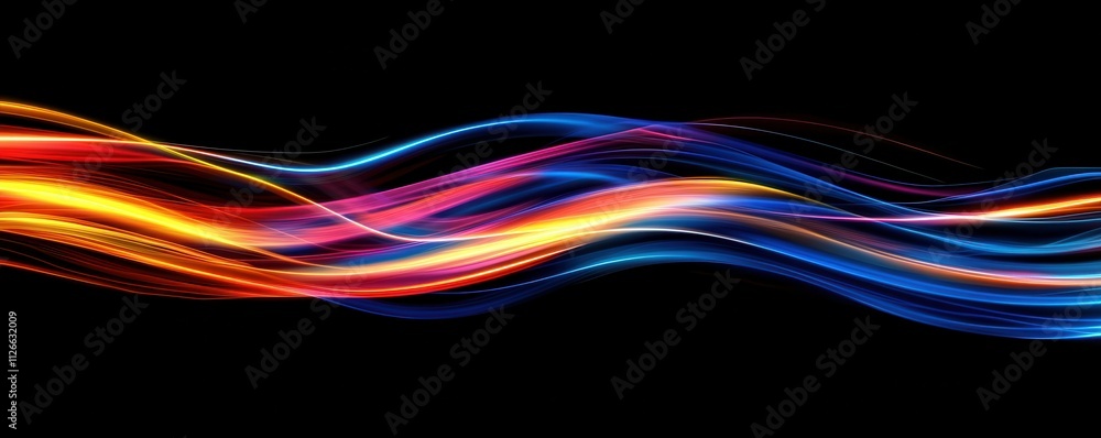 Blue, red and yellow light streaks on a black background with glowing horizontal lines in a high speed motion blur effect. Blue, red and yellow light streaks on a black background with glowing horizontal lines in a high speed motion blur effect.
