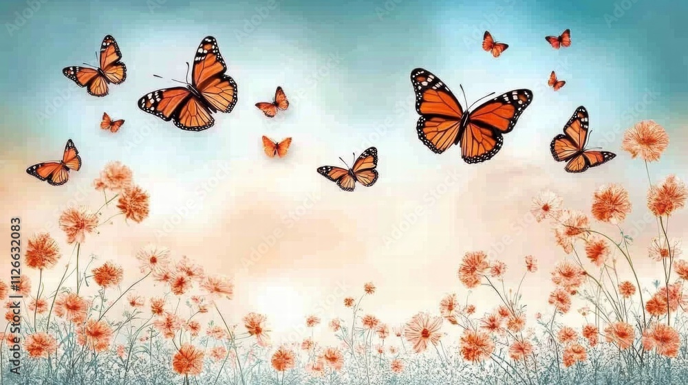 Monarch Butterflies and Flowers in a Soft, Dreamy Landscape Monarch Butterflies and Flowers in a Soft, Dreamy Landscape