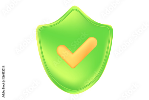 Cute green 3D security shield icon with gold check mark isolated, transparent background. Glowing glass or plastic texture cyber data protection, safety or trust illustration