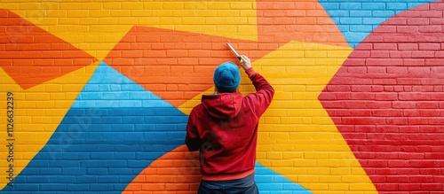 Person painting colorful geometric mural on brick wall.