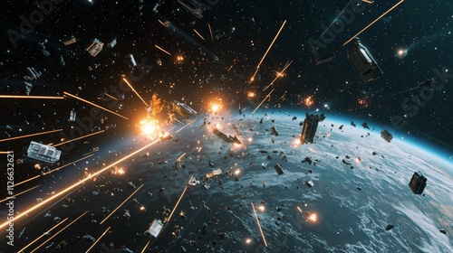 Space battle scene with exploding ships and debris near a planet.