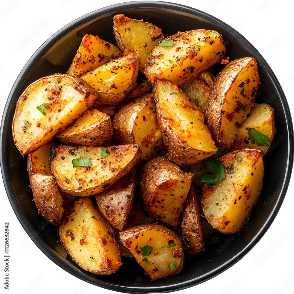 Top view of baked potato wedges on a dark porcelain dish isolated on a white transparent background Top view of baked potato wedges on a dark porcelain dish isolated on a white transparent background
