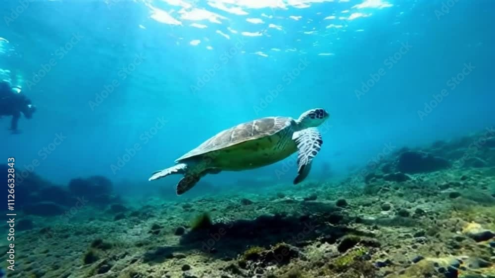 Marine life tropical turtle in wild nature. Sea turtle slowly swiming in blue water through sunlight. Scuba on wildlife. Underwater serene swiming beautiful green turtle in sea alone with nature. Marine life tropical turtle in wild nature. Sea turtle slowly swiming in blue water through sunlight. Scuba on wildlife. Underwater serene swiming beautiful green turtle in sea alone with nature.