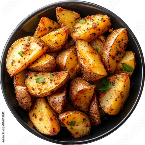 Top view of baked potato wedges on a dark porcelain dish isolated on a white transparent background