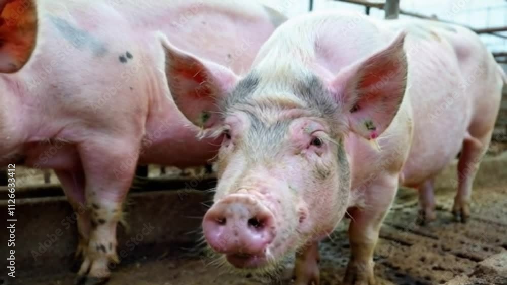Pigs close-up. Cute animals. Farm animal. Modern agricultural pig farm. Animal husbandry. Huge pig on a farm. Pigs close-up. Cute animals. Farm animal. Modern agricultural pig farm. Animal husbandry. Huge pig on a farm.