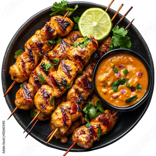Top view of chicken satay with peanut sauce on a dark ceramic dish isolated on a white transparent background