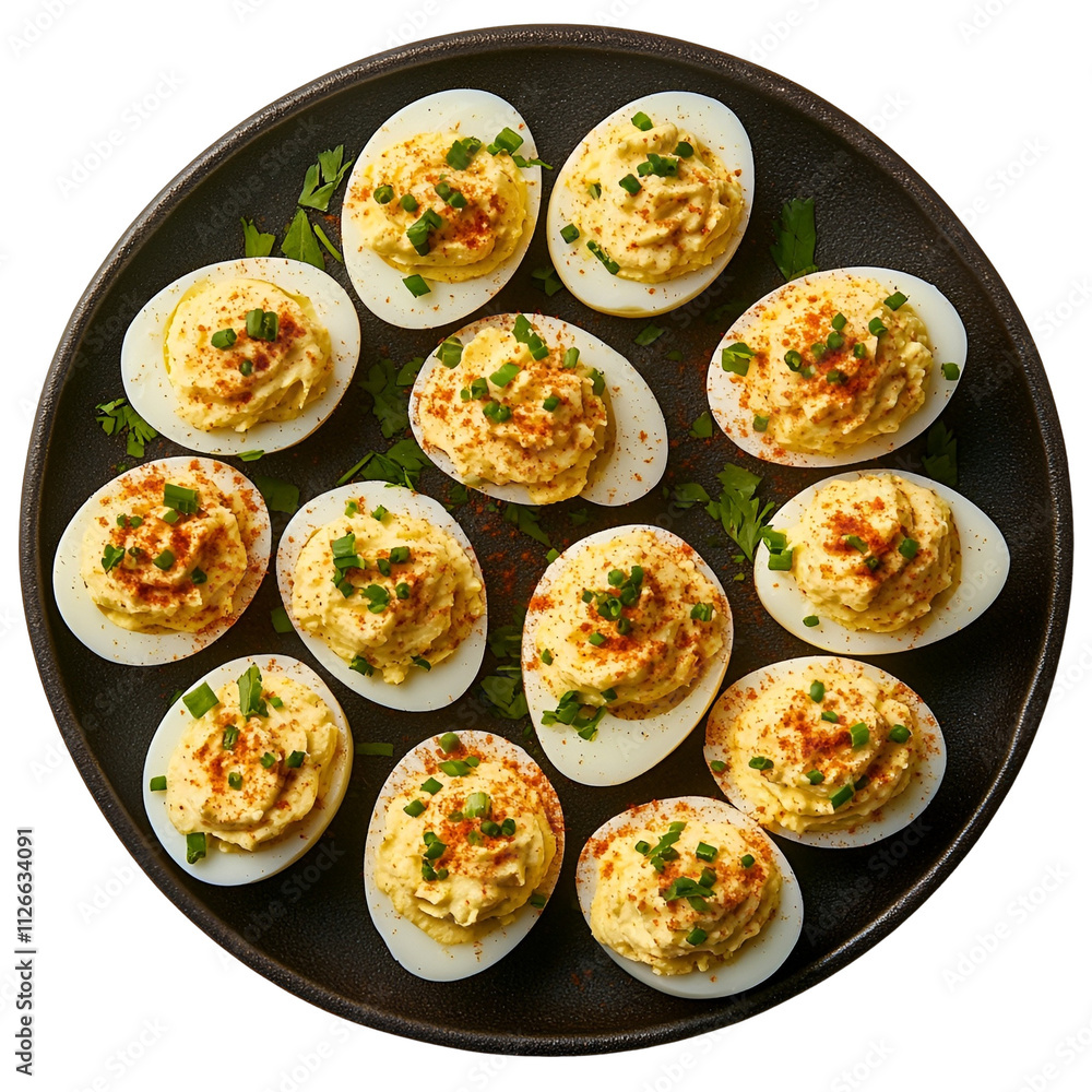 Top view of deviled eggs on a dark platter isolated on a white transparent background Top view of deviled eggs on a dark platter isolated on a white transparent background
