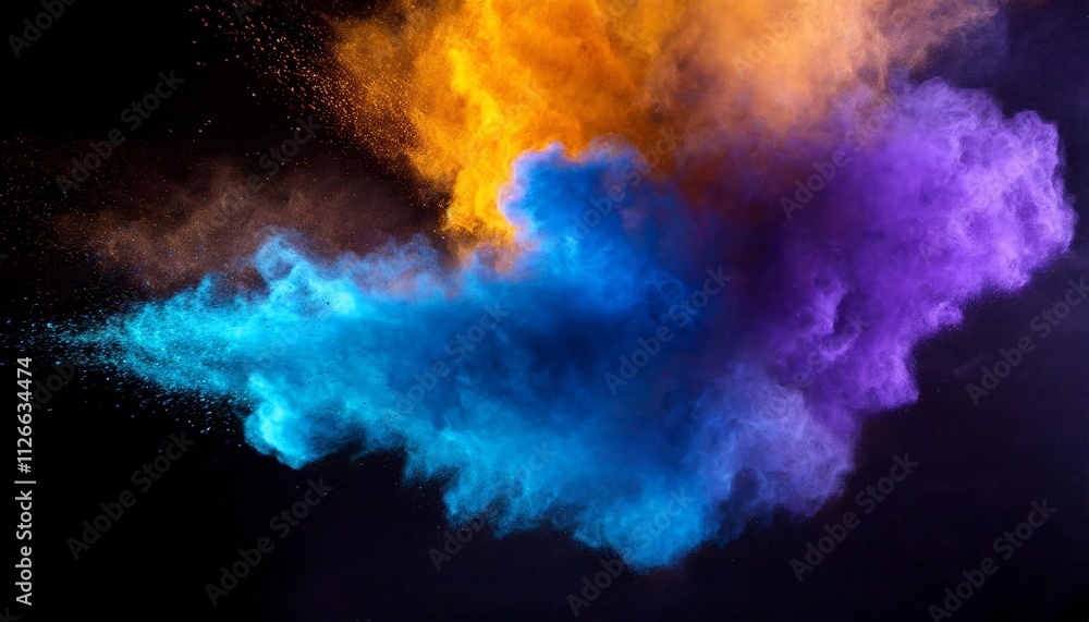 Vibrant Bluish Smoke Cloud of Colored Powder â€“ A Dynamic Fusion of Bright Orange, Purple, and Blue Hues Captured in Stunning Detail for Artistic and Creative Projects