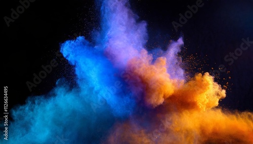 Vibrant Bluish Smoke Cloud of Colorful Powder in Bright Orange, Purple, and Blue - A Stunning Display of Artistic Expression and Dynamic Movement Captured in a Single Frame