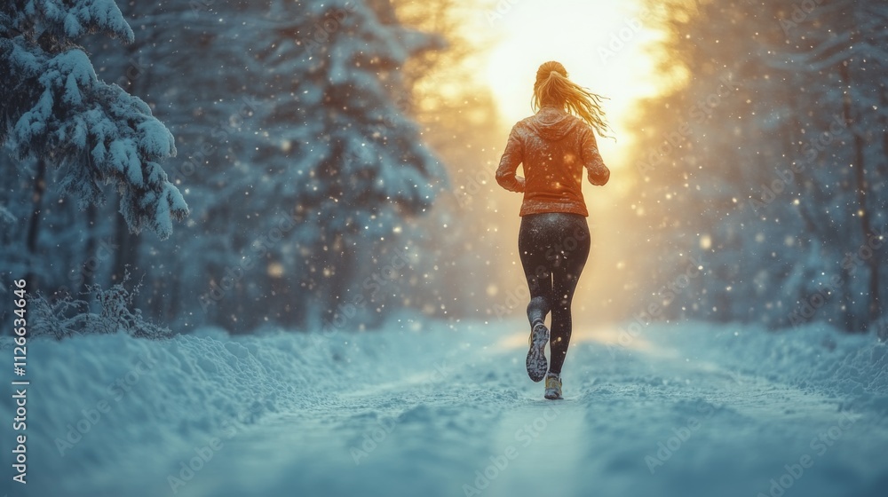 A person jogs along a snow-covered path surrounded by trees, with soft snowflakes falling and a beautiful sunrise illuminating the landscape. A person jogs along a snow-covered path surrounded by trees, with soft snowflakes falling and a beautiful sunrise illuminating the landscape.