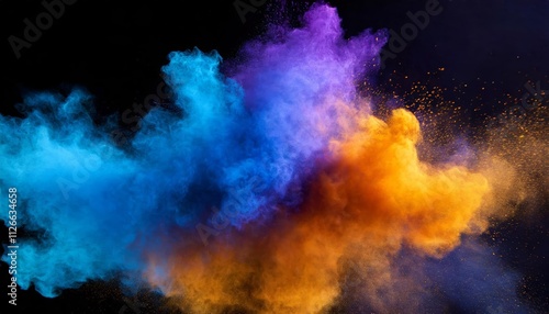 Vibrant Bluish Smoke Cloud of Colored Powder: A Stunning Fusion of Bright Orange, Purple, and Blue Hues Capturing the Essence of Artistic Expression and Celebration in Motion