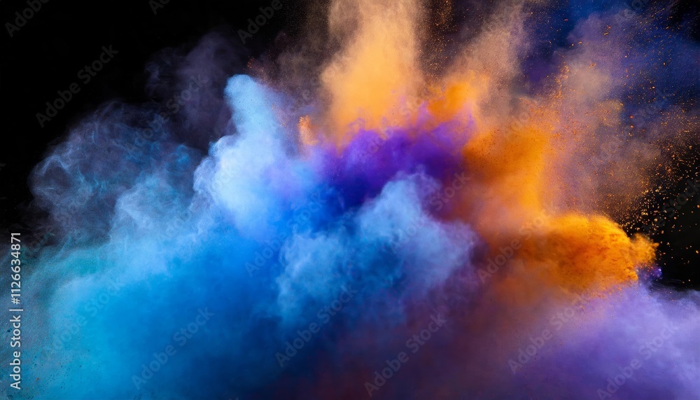 Vibrant Bluish Smoke Cloud of Colored Powder: A Captivating Display of Bright Orange, Purple, and Blue Swirls in a Dreamlike Atmosphere for Artistic Inspiration and Creative Projects