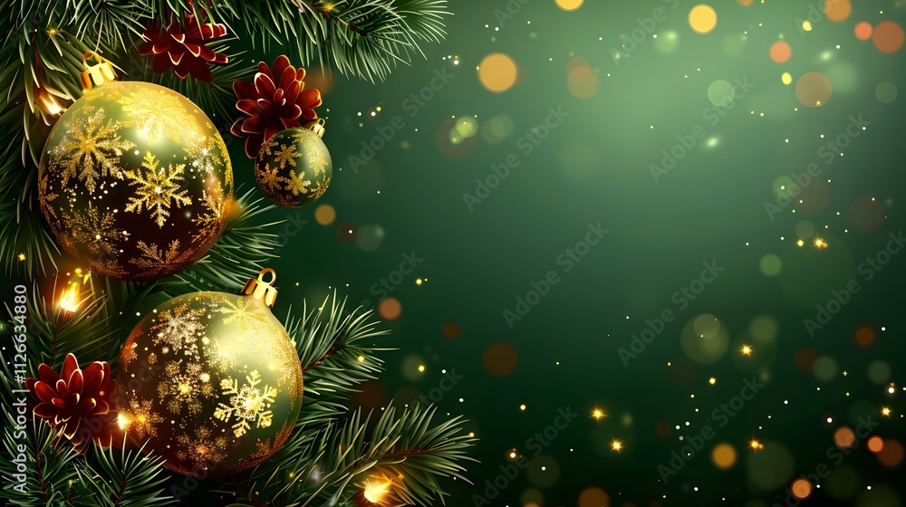 A festive arrangement of Christmas ornaments and pine branches on a green background. A festive arrangement of Christmas ornaments and pine branches on a green background.