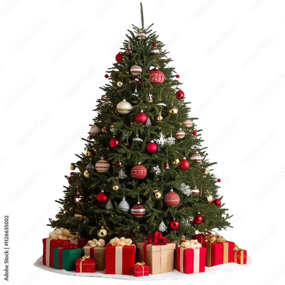A decorated Christmas tree with red and green gift boxes isolated on a white background. Christmas tree and giftboxes are isolated on a white background. A decorated Christmas tree with red and green gift boxes isolated on a white background. Christmas tree and giftboxes are isolated on a white background.