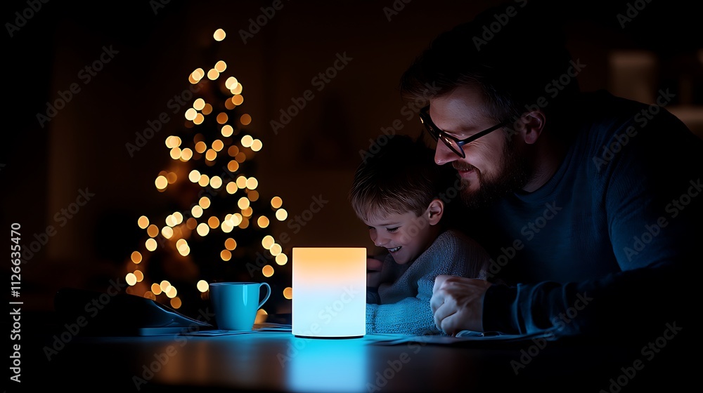 Heartwarming Family Gathering by the Fireplace on a Cozy Christmas Evening with Soft Lighting and Joyful Moments Shared Between Father and Son Heartwarming Family Gathering by the Fireplace on a Cozy Christmas Evening with Soft Lighting and Joyful Moments Shared Between Father and Son