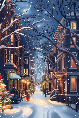 Festive Winter Cityscape Illustration with Christmas Lights, Decorated Trees, Snowy Streets, and Holiday Cheer – Vibrant and Cozy Holiday Art for Seasonal Themes photo