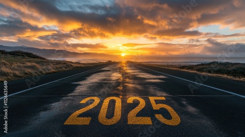 2025 painted on a road at sunset.