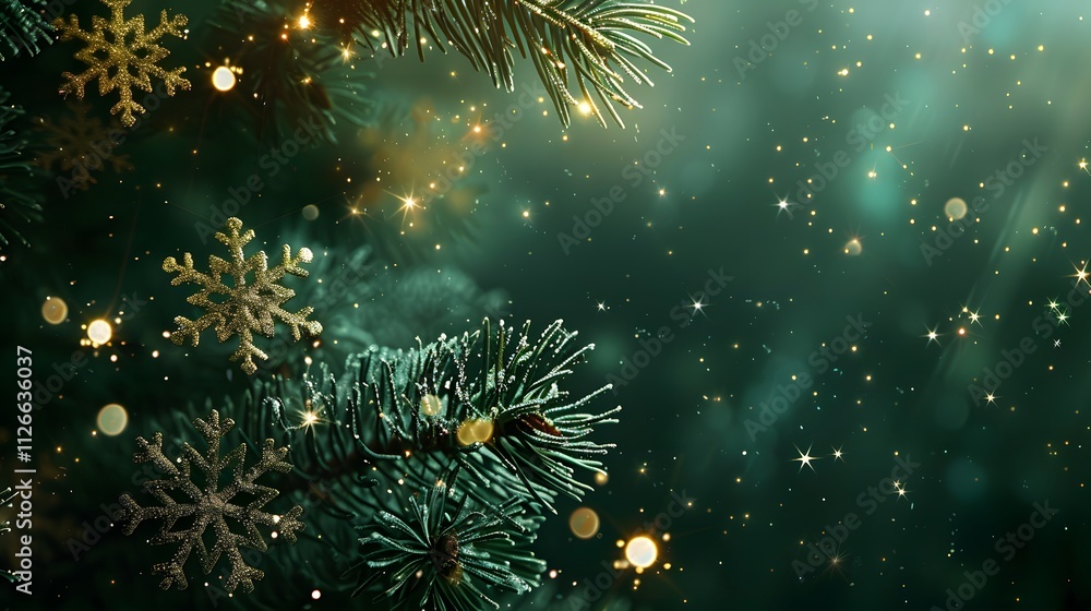 Fototapeta premium A festive scene featuring pine branches, snowflakes, and sparkling lights.