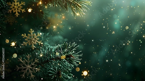 A festive scene featuring pine branches, snowflakes, and sparkling lights.