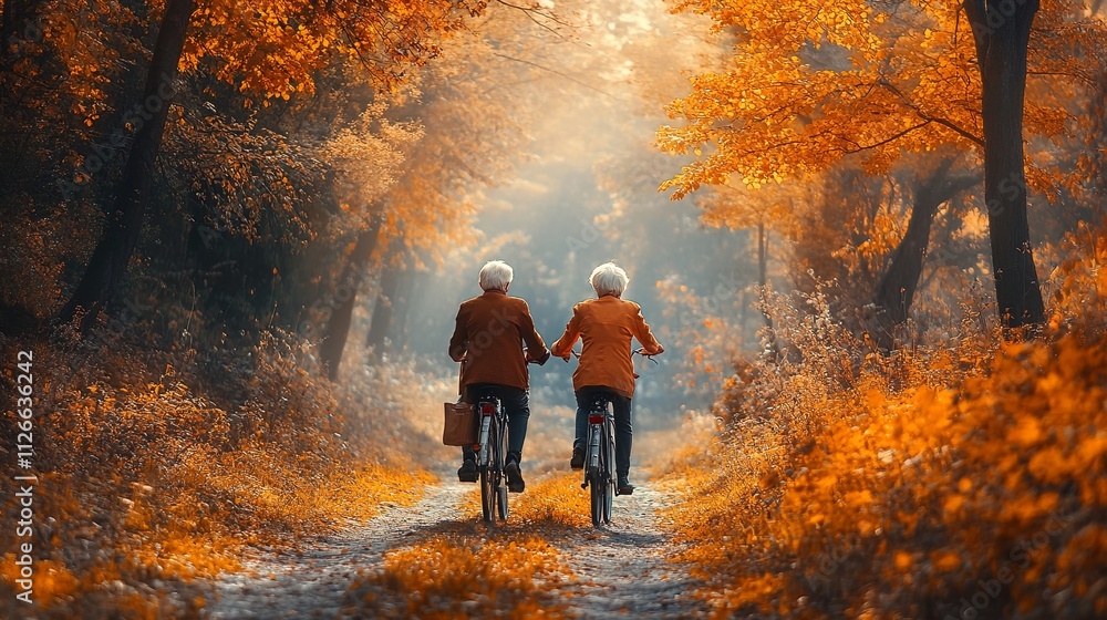 an elderly couple pedaling their bicycles through a picturesque autumn landscape, their faces filled with pure joy an elderly couple pedaling their bicycles through a picturesque autumn landscape, their faces filled with pure joy