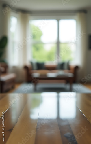 Wallpaper Mural A blurred living room is visible through a glass table top in selective focus on the wooden surface below it._00001_ Torontodigital.ca