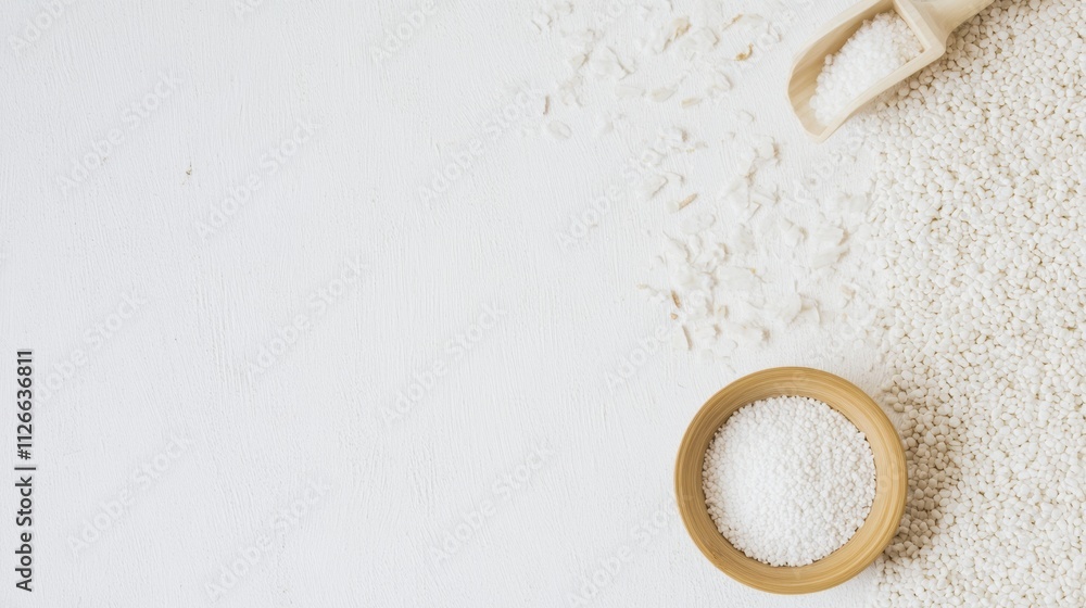 Flat lay of white uncooked rice spilling from a wooden scoop and a bamboo bowl on a clean white background, showcasing minimalism and natural food ingredients. Flat lay of white uncooked rice spilling from a wooden scoop and a bamboo bowl on a clean white background, showcasing minimalism and natural food ingredients.