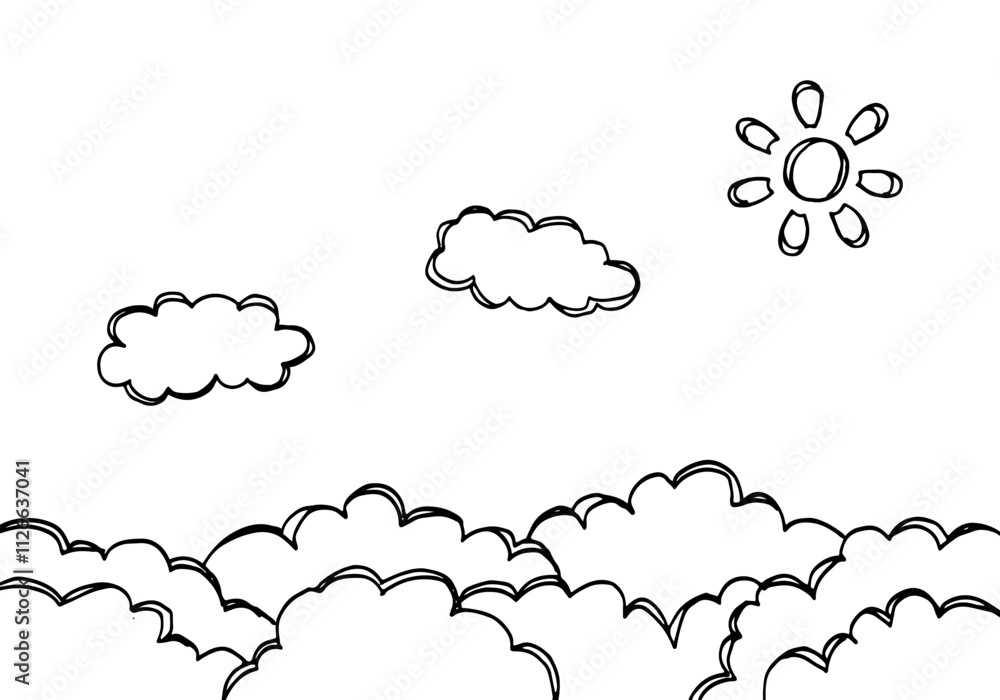 Cartoon drawing background of clouds with sun doodle drawing line art. Cartoon drawing background of clouds with sun doodle drawing line art.