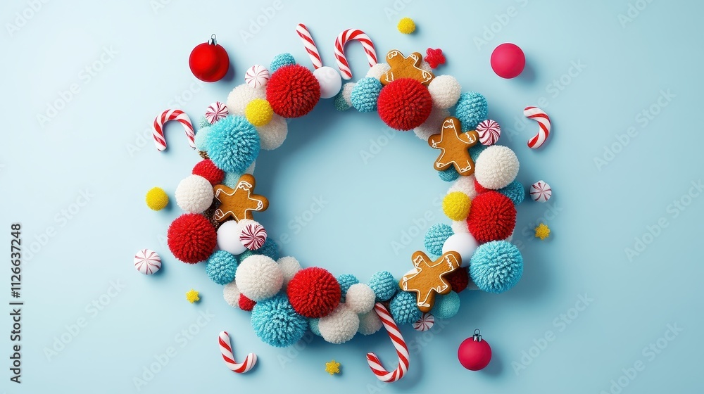 Obraz premium Cheerful Cartoon Wreath with Colorful Pom Poms and Candy Accents on Light Blue Background, Perfect for Holiday and Festive Themes