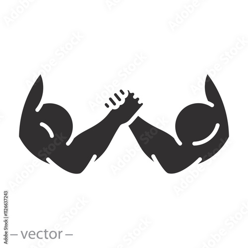 fighting two strong hand, arm wrestling icon, powerful arms competition, flat vector illustration