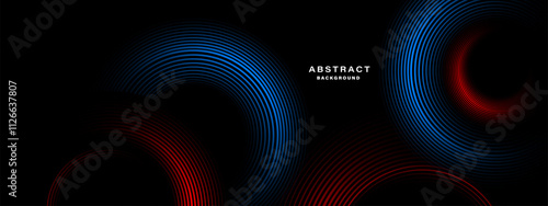 Abstract concentric red and blue line pattern on black background vector.