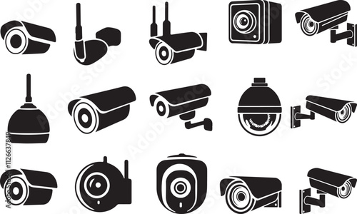 Collection of Wall Mount CCTV set of surveillance  Security cameras isolated on transparent background