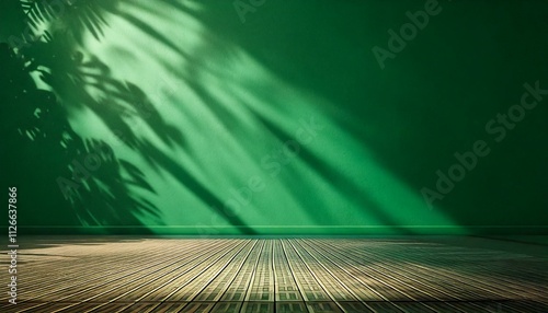 Light softly filters through, casting intricate shadow patterns, highlighting vibrant emerald green hues, within a luxurious studio palace setting. Background features summer ambiance, focusing on an 