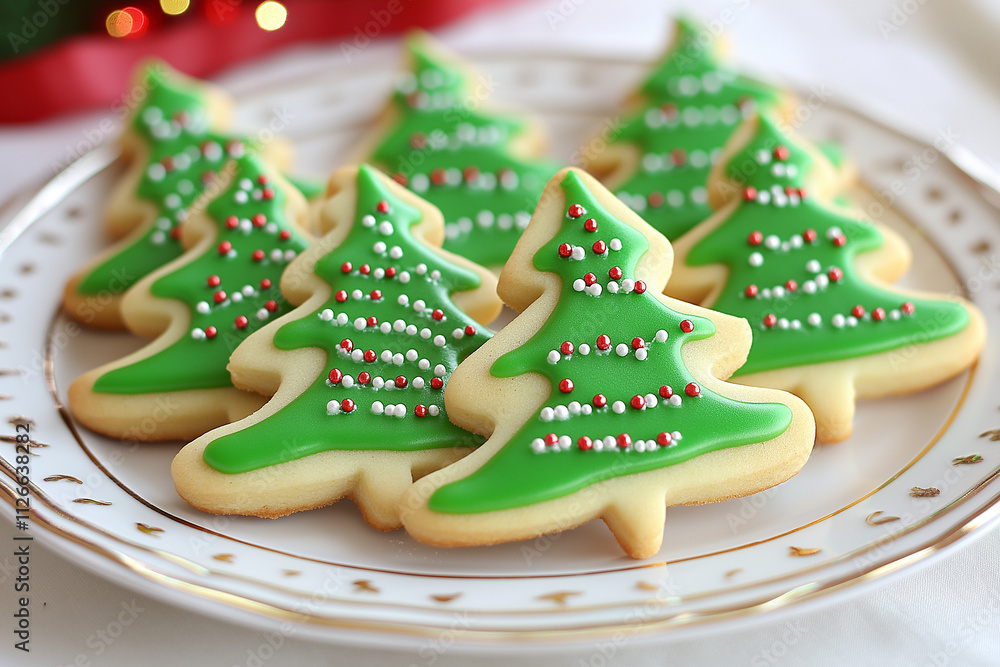 A plate of green Christmas cookies with red and white decorations A plate of green Christmas cookies with red and white decorations