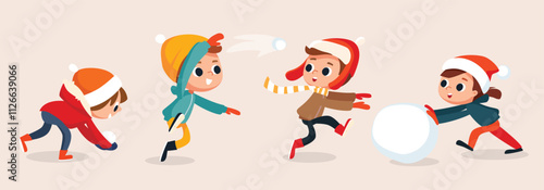 Children building snowman together and having snowball fight in forest during snowfall. Kids jumping, running and throwing a snowball. Kids making a snowballs. Little boy skiing down the hill.