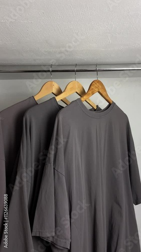 Minimalist wardrobe with gray clothes hanging.	