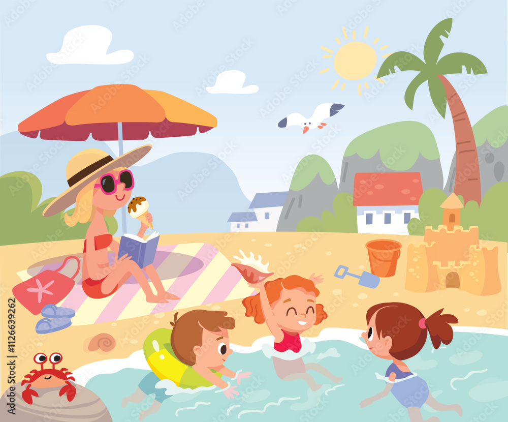 Obraz premium Children bathing and swimming in blue water in tropical sea at tropical resort with palm trees on background. Vector illustration. Mother with kids enjoying summer vacation, rest sunbathing on seasid