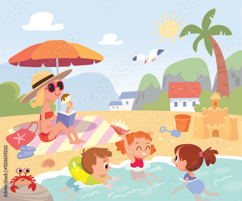 Children bathing and swimming in blue water in tropical sea at tropical resort with palm trees on background. Vector illustration. Mother with kids enjoying summer vacation, rest sunbathing on seasid