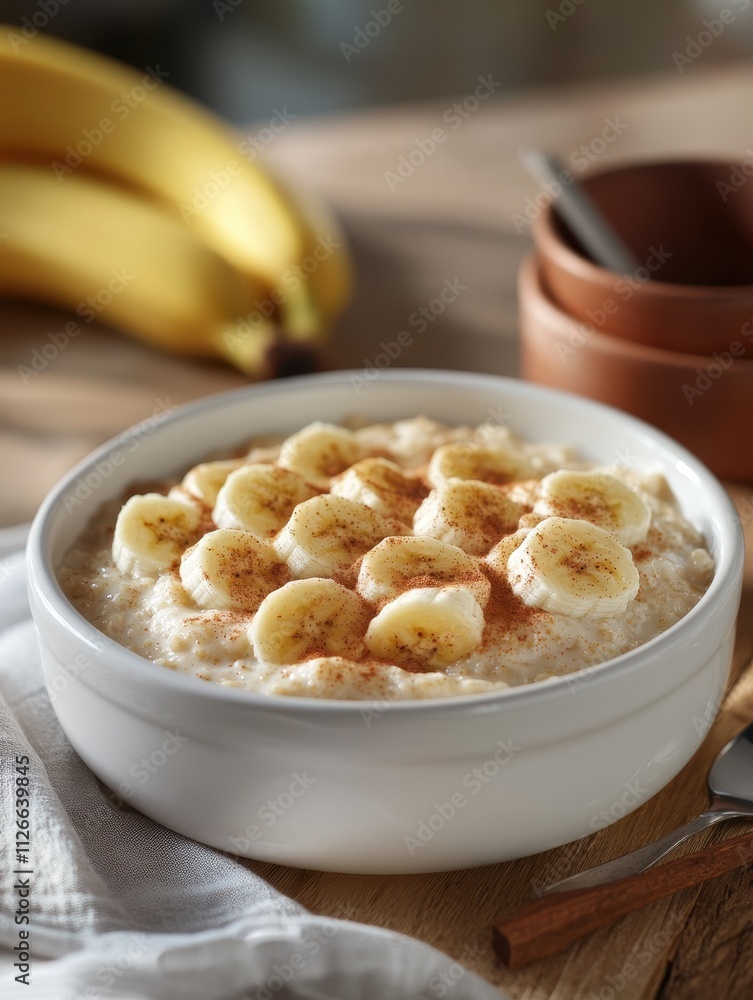 A bowl of oatmeal topped with banana slices and cinnamon, set on a wooden table. A bowl of oatmeal topped with banana slices and cinnamon, set on a wooden table.