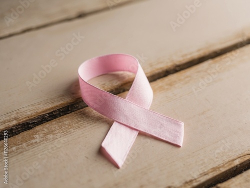 Pink ribbon symbol on wooden surface for breast cancer awareness. photo