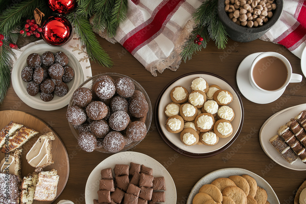 A table is covered with a variety of desserts and a cup of coffee A table is covered with a variety of desserts and a cup of coffee