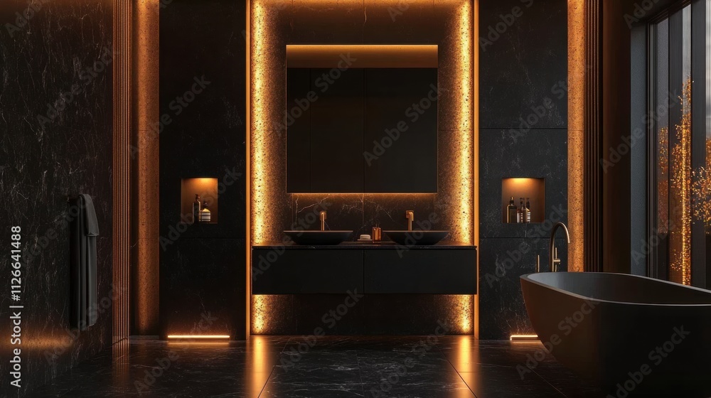 Modern bathroom design with sleek fixtures and ambient lighting. Modern bathroom design with sleek fixtures and ambient lighting.