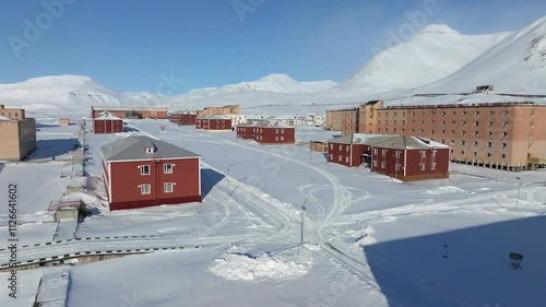 Pyramiden Town in Spitsbergen, Svalbard and Jan Mayen under heavy snow, Aerial view