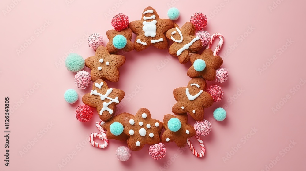 Whimsical Gingerbread Cookie Wreath with Festive Decorations, Candy Canes and Colorful Sugar Balls on Soft Pink Background for Holiday Cheer and Seasonal Joy Whimsical Gingerbread Cookie Wreath with Festive Decorations, Candy Canes and Colorful Sugar Balls on Soft Pink Background for Holiday Cheer and Seasonal Joy