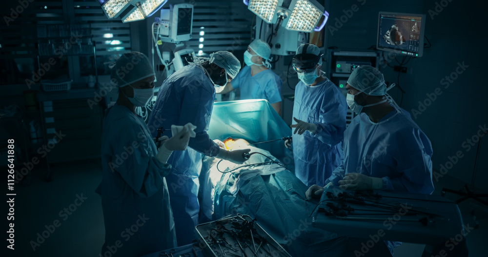 Professional Female Surgeon Wearing an Augmented Reality Headset, Interacting with Gestures with a Device as She Skillfully Guides Her Medical Team Through a Delicate Operation with a Patient Professional Female Surgeon Wearing an Augmented Reality Headset, Interacting with Gestures with a Device as She Skillfully Guides Her Medical Team Through a Delicate Operation with a Patient