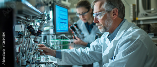 senior scientist in lab coat works on advanced equipment in modern laboratory, with colleague in background, focusing on research and innovation photo