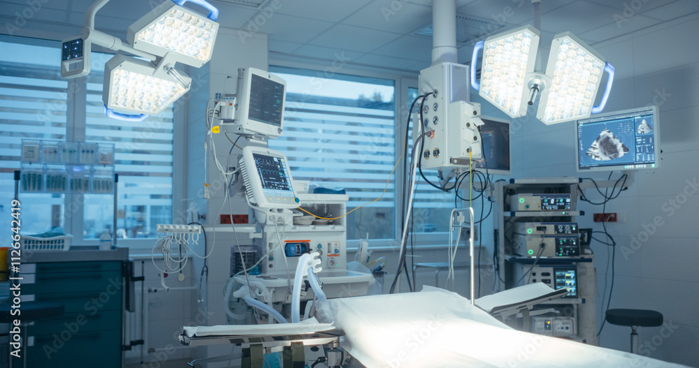 Photo Without Staff in Modern Clinic. Empty Operating Room with Advanced Surgical Lights. Medical Equipment, Computer Screens and Sterile Preparation for Upcoming Surgical Procedure Photo Without Staff in Modern Clinic. Empty Operating Room with Advanced Surgical Lights. Medical Equipment, Computer Screens and Sterile Preparation for Upcoming Surgical Procedure