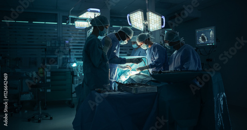 Obraz na płótnie Dark Operating Room with a Diverse Team, Including a Black Male Assistant and a