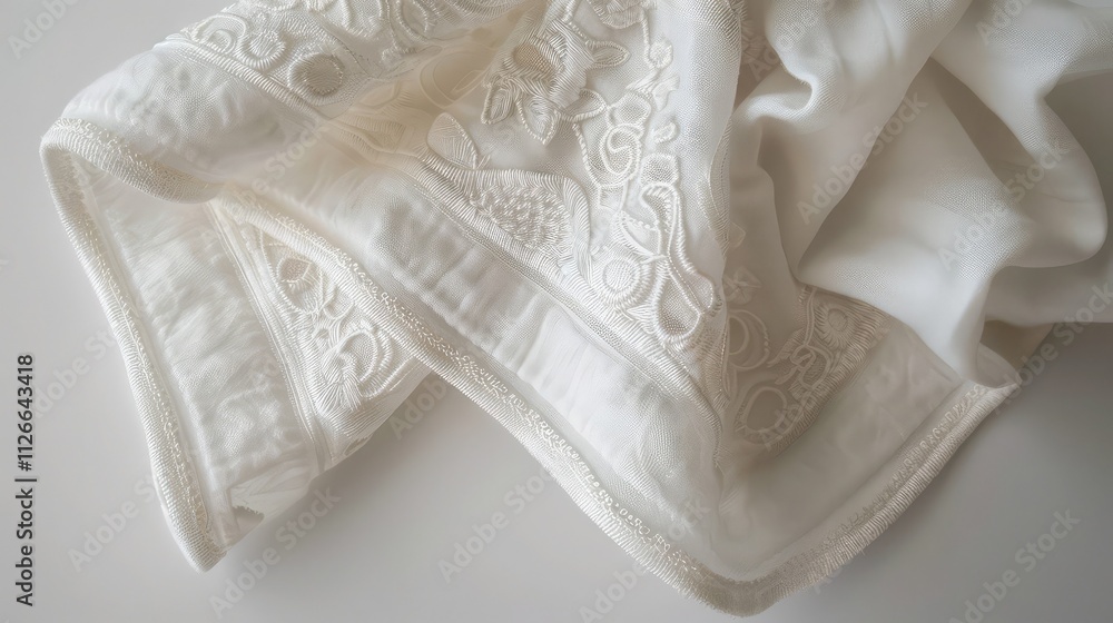 A gentle, baby washcloth with a soft, white-colored fabric and a delicate, embroidered design, hanging isolated on a white background A gentle, baby washcloth with a soft, white-colored fabric and a delicate, embroidered design, hanging isolated on a white background